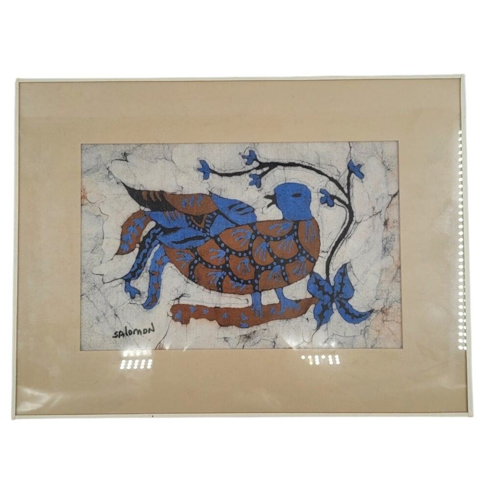 Marilyn Salomon Signed Blue Bird Batik Wall Art Vintage Framed Bohemian Decor